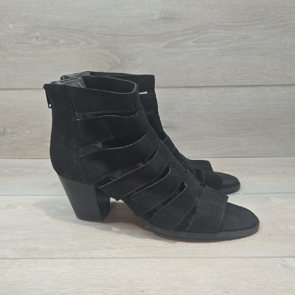 Vionic Women Harlow Black Suede Ankle Boots Open Toe Strappy Shoes Sz 10